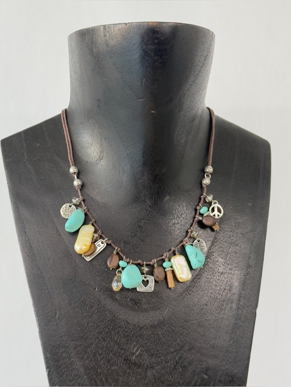 Brighton Imagine Leather Cord Charm Necklace Peace, Love & Gratitude Multi Stone